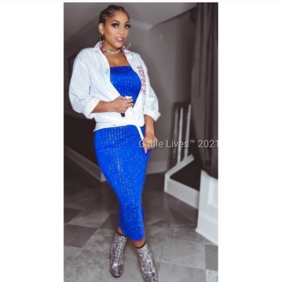 New! Bling Rainbow Rhinestone Multi-Color Blue Midi Dress Size Small - Picture 10 of 11